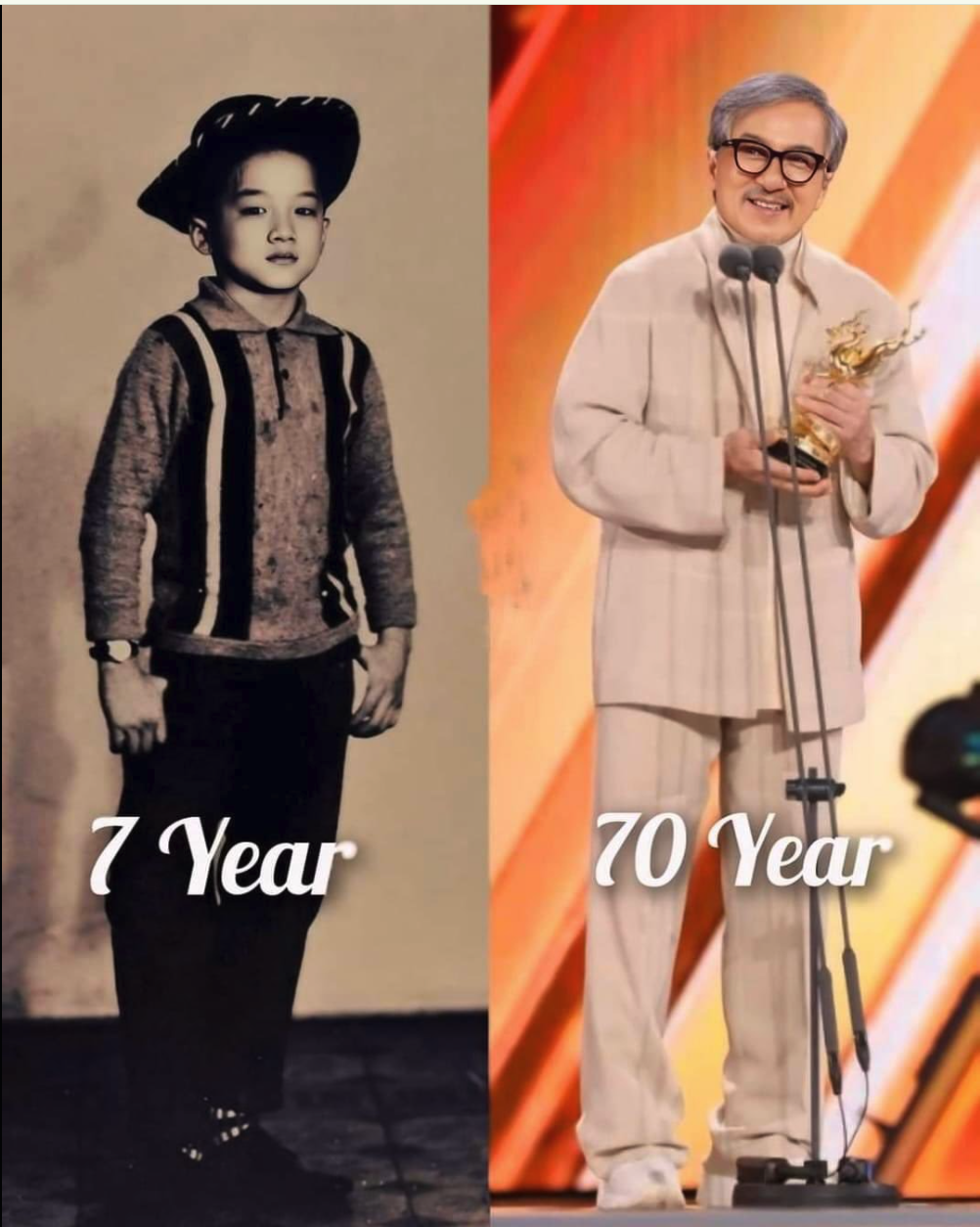 Two side-by-side images of a man resembling Jackie Chan: a young boy at age 7 in vintage attire, and an elderly man at age 70 holding an award on stage.