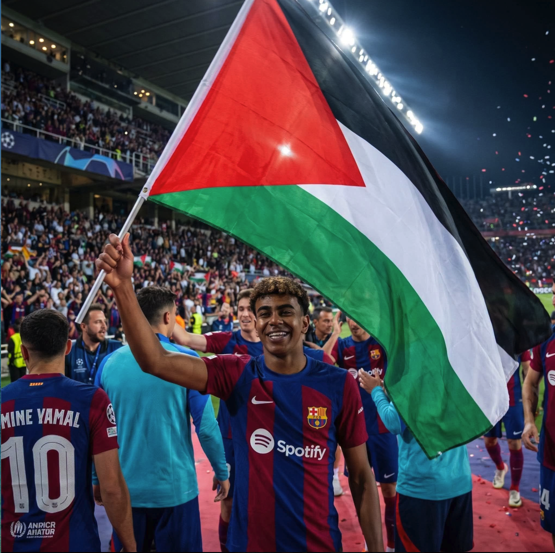 Young FC Barcelona player Lamine Yamal smiling on a football pitch and holding a large Palestinian flag in a packed stadium.