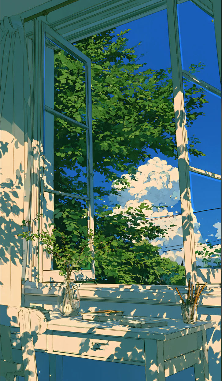 An anime-style illustration of a sunlit interior with a large open window looking out onto green foliage and a blue sky with white clouds.
