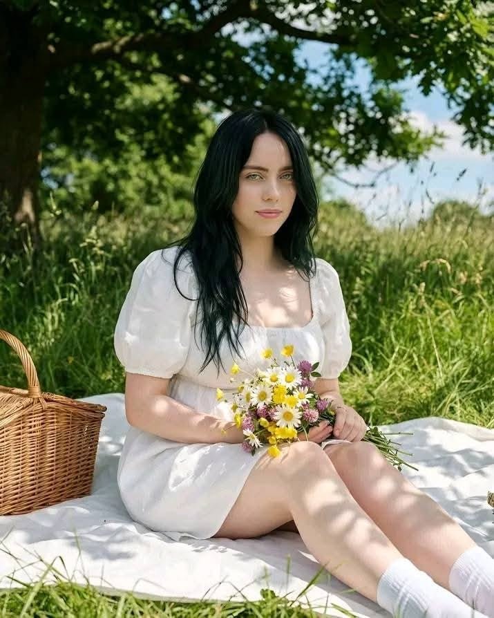 AI image of Billie Eilish in white dress at a picnic