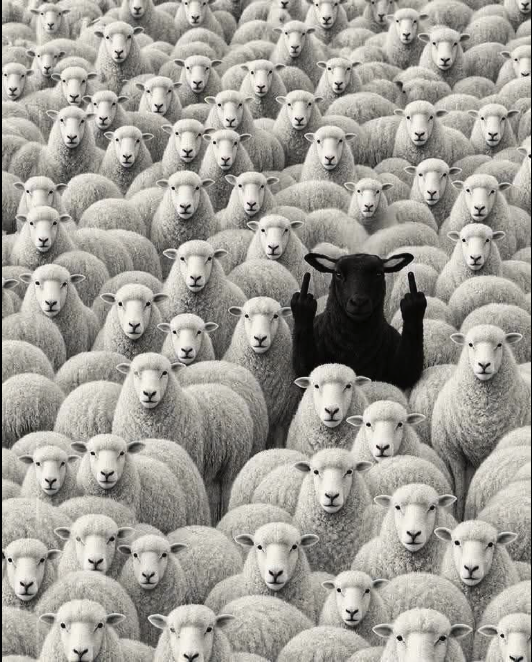 A black sheep with both middle fingers raised, surrounded by a dense flock of white sheep.