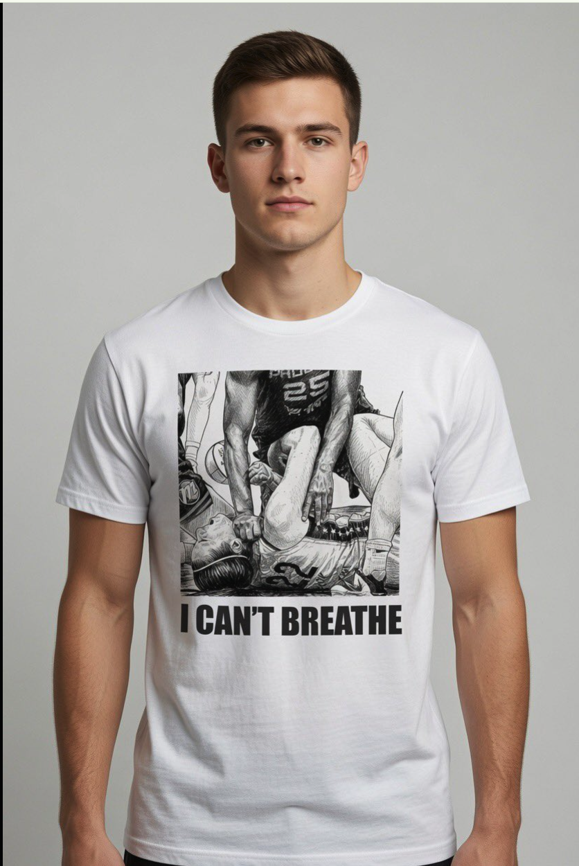 A young man wearing a white t-shirt with a black-and-white graphic and the text 'I CAN'T BREATHE'.