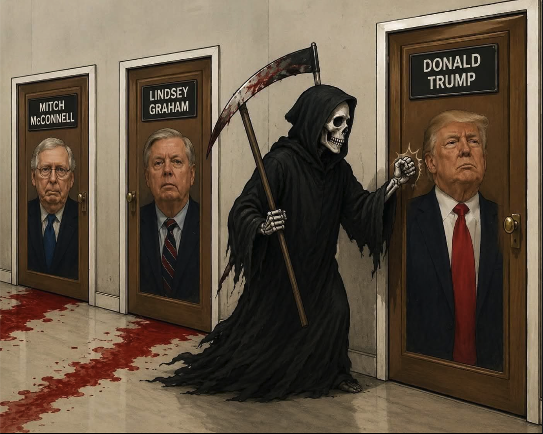 A hooded skeletal grim reaper with a scythe stands in a hallway before three doors labeled Mitch McConnell, Lindsey Graham, and Donald Trump.