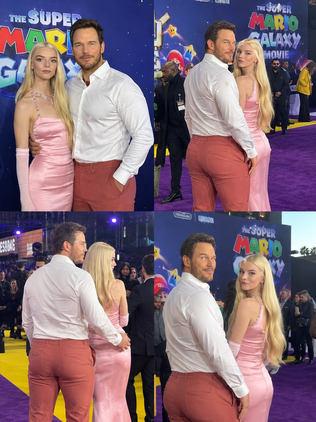 Two people resembling Chris Pratt and Anya Taylor-Joy posing together on a purple carpet at The Super Mario Galaxy Movie premiere.