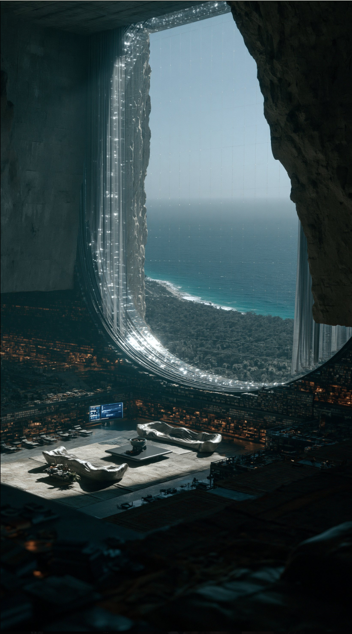 A cavernous futuristic interior carved into a cliff, with curved illuminated architecture, lounge furniture, and a sweeping ocean view through a large opening.