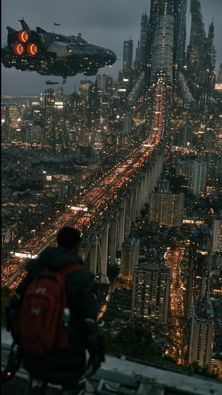 A person with a red backpack viewed from behind overlooking a futuristic nighttime city filled with skyscrapers, a busy highway, and a large flying spacecraft.