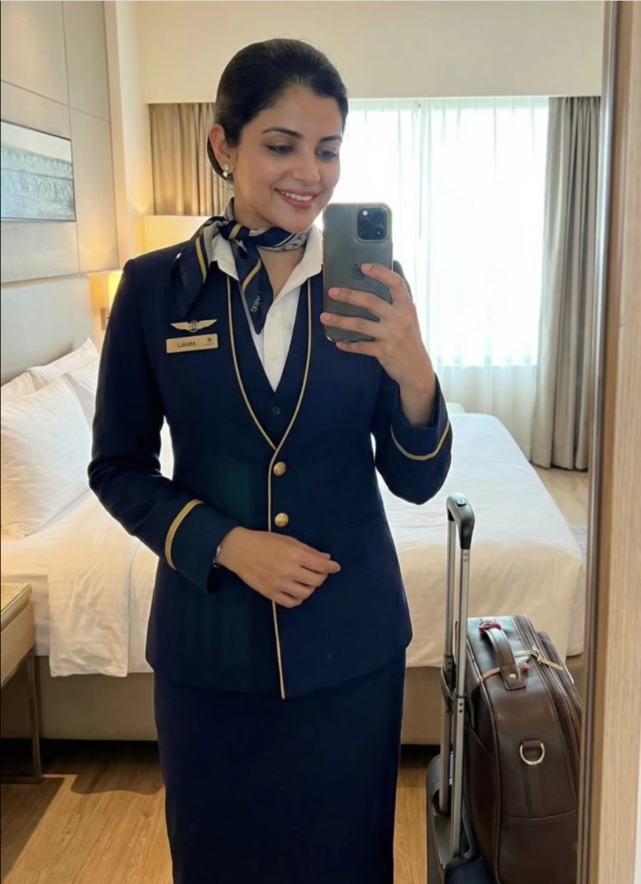 A woman in a navy flight attendant uniform taking a mirror selfie in a hotel room.