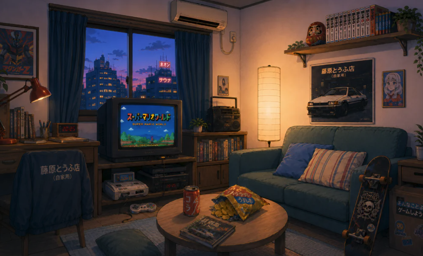 An illustrated 1990s-style Japanese apartment room with a CRT television playing Super Mario World, an Initial D car poster, manga, and snacks.