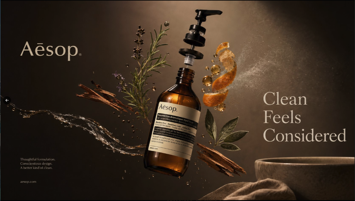 An Aesop Resurrection Aromatique Hand Wash bottle surrounded by botanicals with the headline 'Clean Feels Considered'.