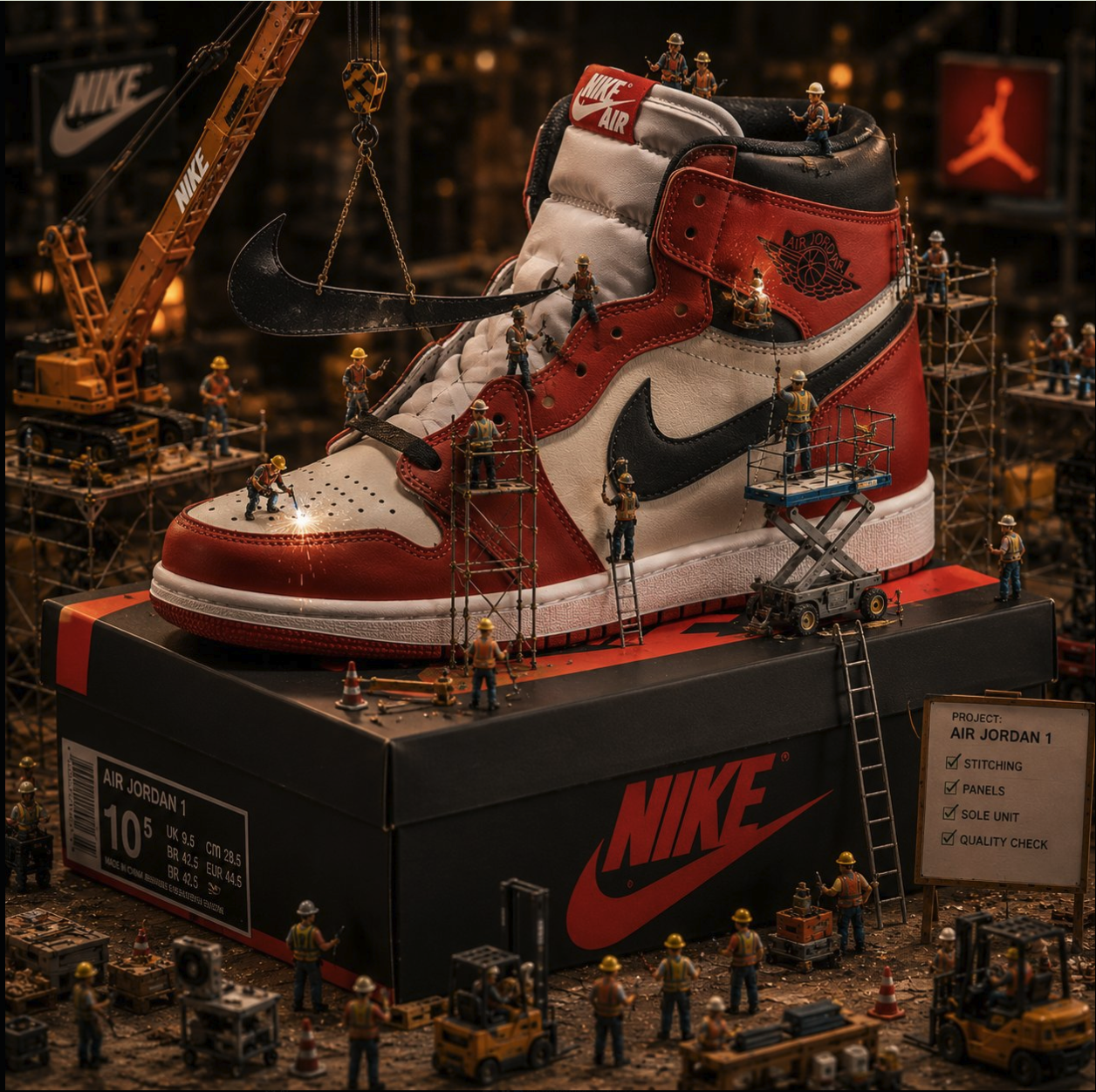 An oversized red, white, and black Air Jordan 1 sneaker atop a Nike shoebox, surrounded by miniature construction workers, scaffolding, and cranes.