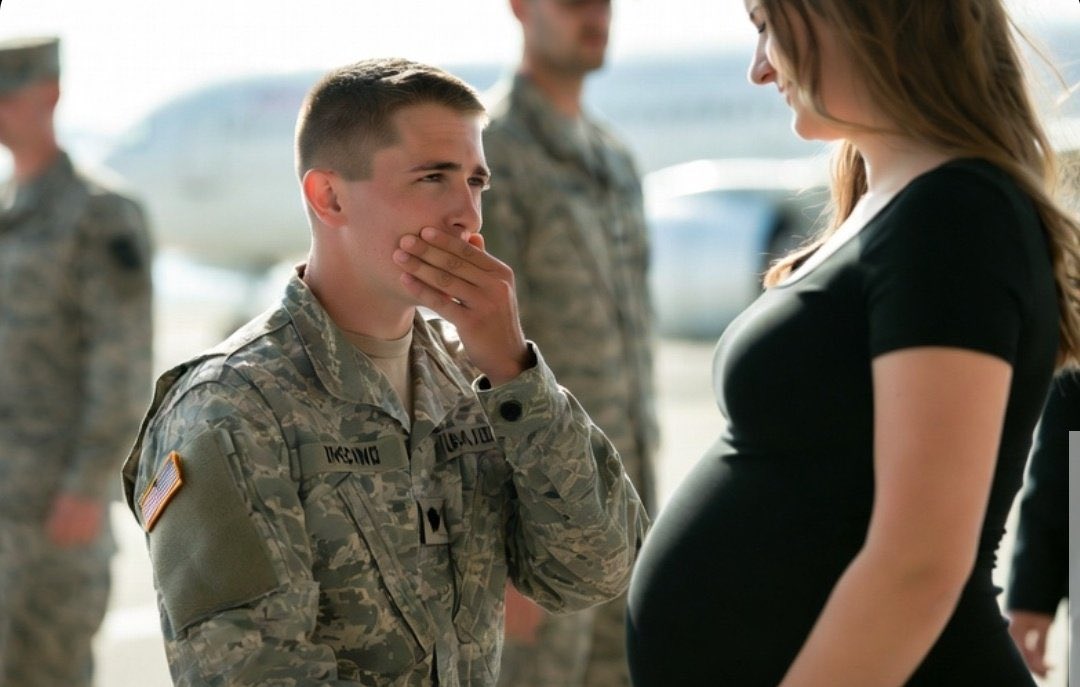 A man in an Air Force uniform with his hand over his mouth, facing a pregnant woman in a black top outdoors.