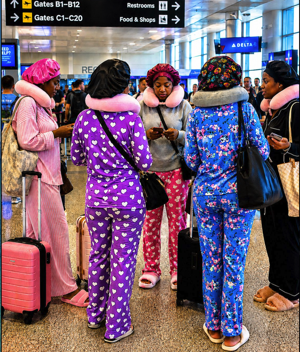 Five women in matching pajama sets, satin shower caps, and travel pillows gathered in an airport terminal.