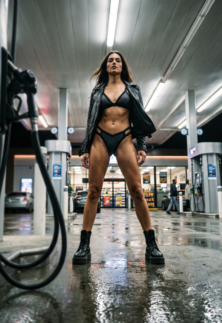 A woman standing at a gas station at night, wearing a leather jacket over lingerie and platform boots.
