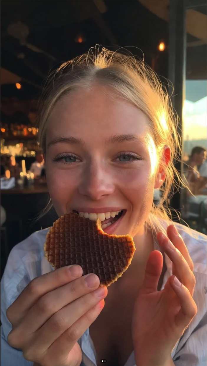 A woman smiling and biting into a waffle at a restaurant.