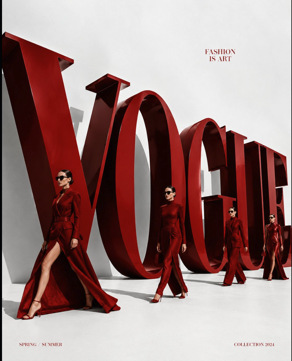 A woman in a red suit posing in front of large red three-dimensional VOGUE letters.
