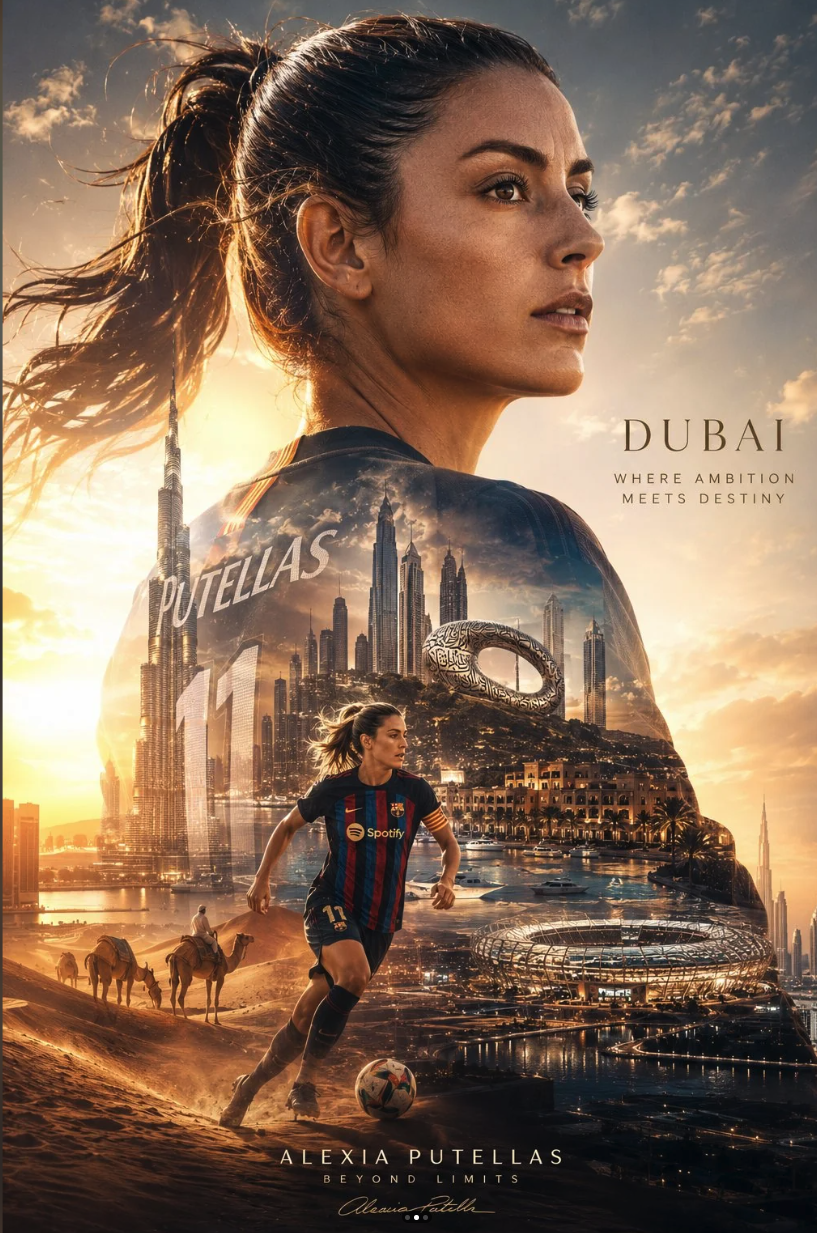 A woman resembling Alexia Putellas in profile, with a smaller figure in an FC Barcelona jersey running with a football, against a Dubai skyline at sunset.