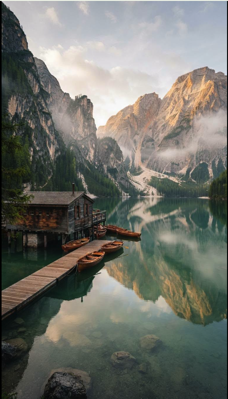 An alpine lake with a wooden boathouse on stilts, a dock with rowboats, and towering mountain peaks reflected in still water.