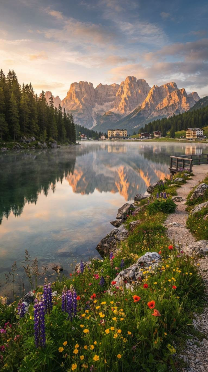 A still alpine lake reflecting jagged mountain peaks at sunset, with wildflowers and a wooden dock in the foreground.