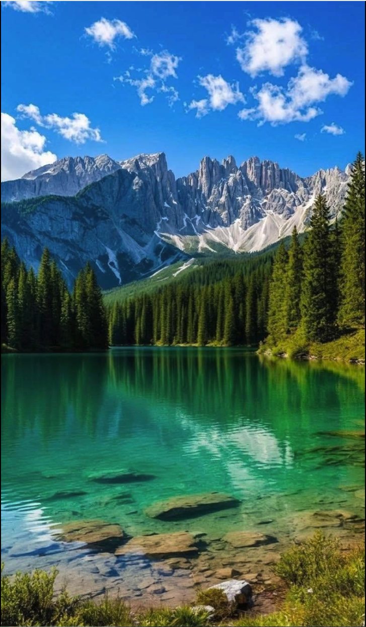 A clear turquoise alpine lake bordered by evergreen trees with jagged rocky mountains in the background under a blue sky with scattered clouds.