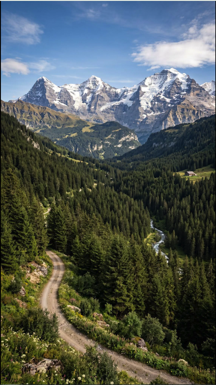 A scenic view of snow-capped alpine peaks rising above a forested valley with a winding dirt path.