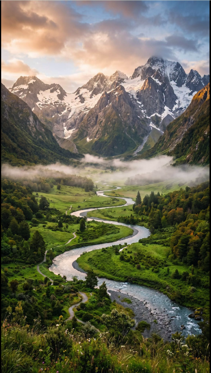 A wide green alpine valley with a meandering river, low mist, and snow-capped mountain peaks under a cloudy sky.