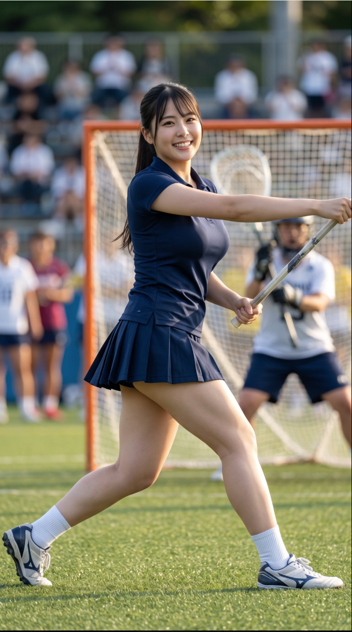 A woman in navy athletic attire holding a lacrosse stick on a grass field.