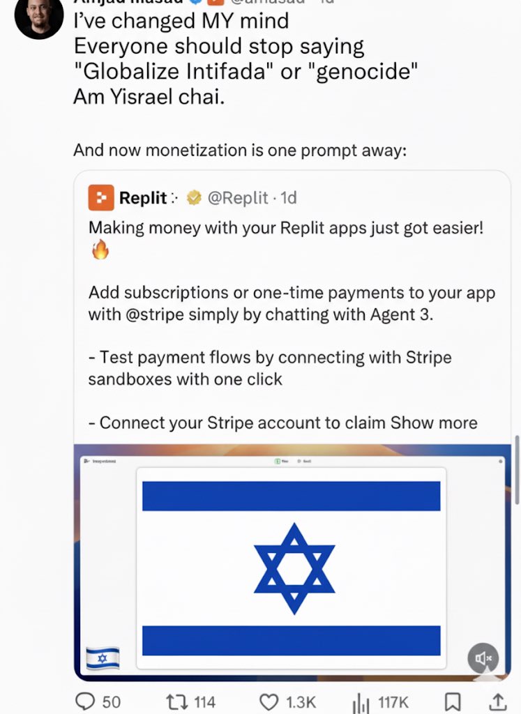 A screenshot appearing to show a tweet from Amjad Masad, a quoted Replit post, and an embedded Israeli flag image.