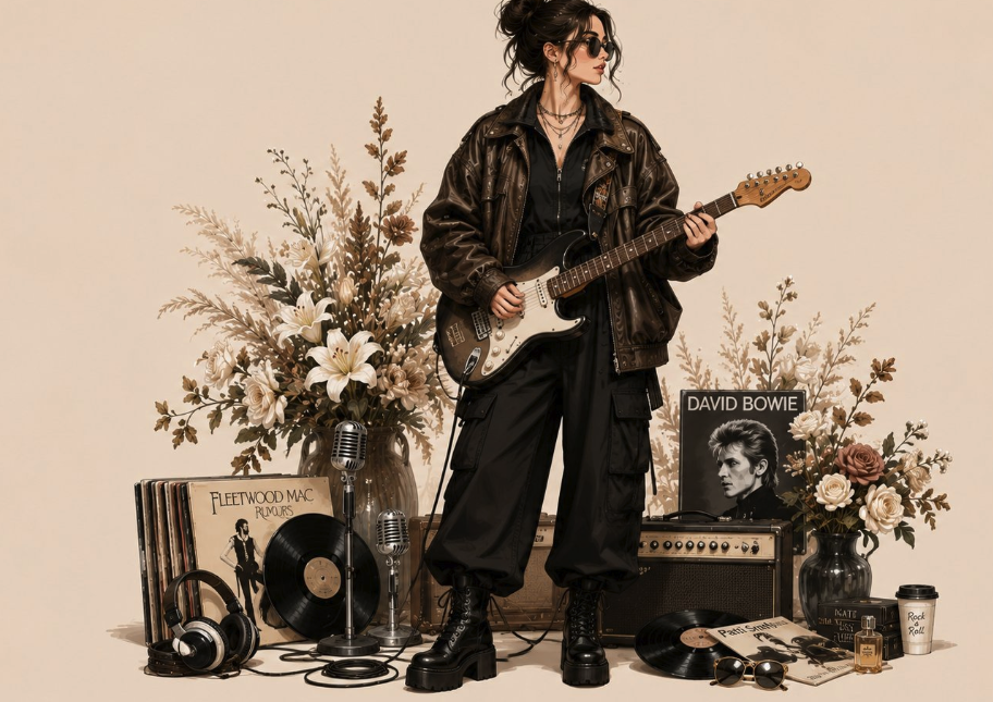 A woman resembling Amy Jackson holding an electric guitar amid music memorabilia including Fleetwood Mac and David Bowie records.
