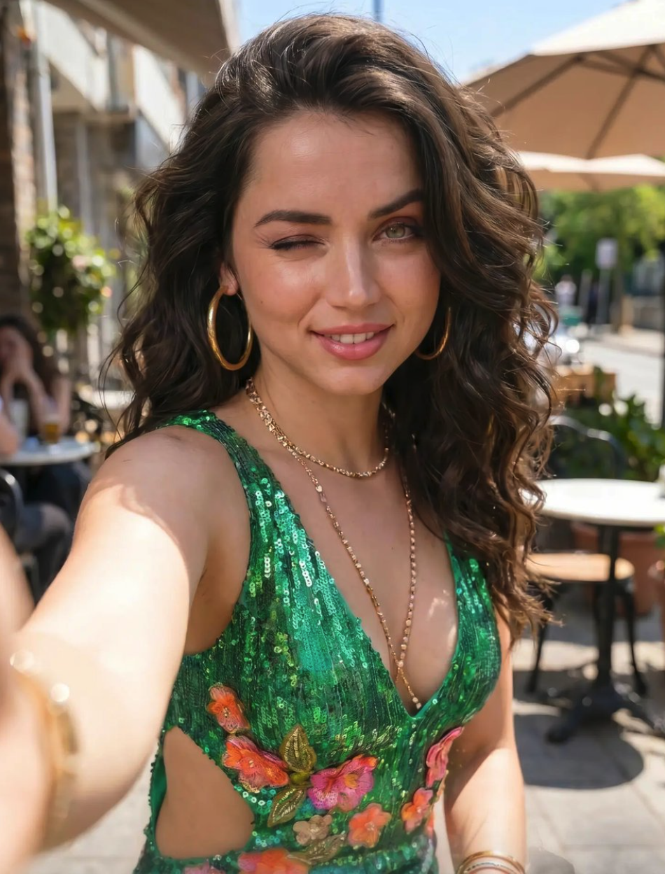A woman resembling Ana de Armas winking while taking a selfie outdoors in a green sequined outfit with floral embroidery.