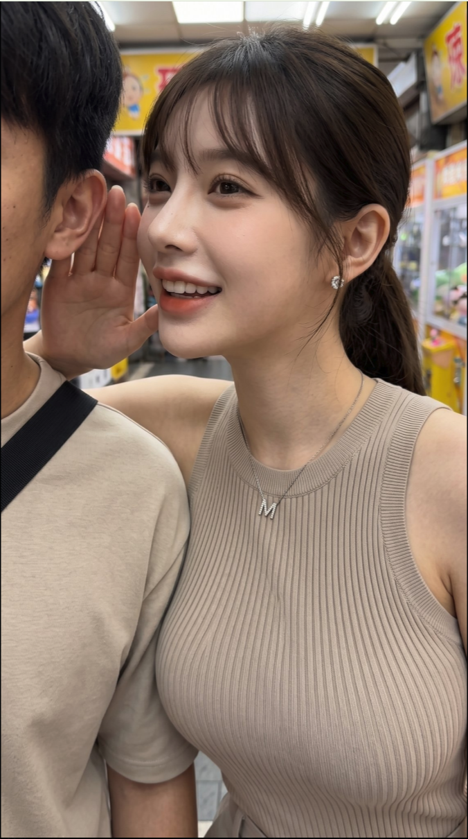 A woman smiling as a man leans in to whisper in her ear inside a shop.