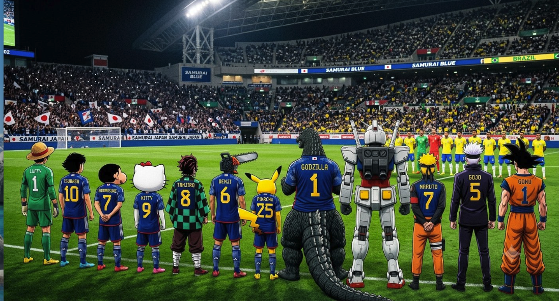 A lineup of animated characters resembling Luffy, Hello Kitty, Tanjiro, Pikachu, Godzilla, a Gundam, Naruto, Gojo, and Goku facing a Japan vs Brazil soccer match in a stadium.
