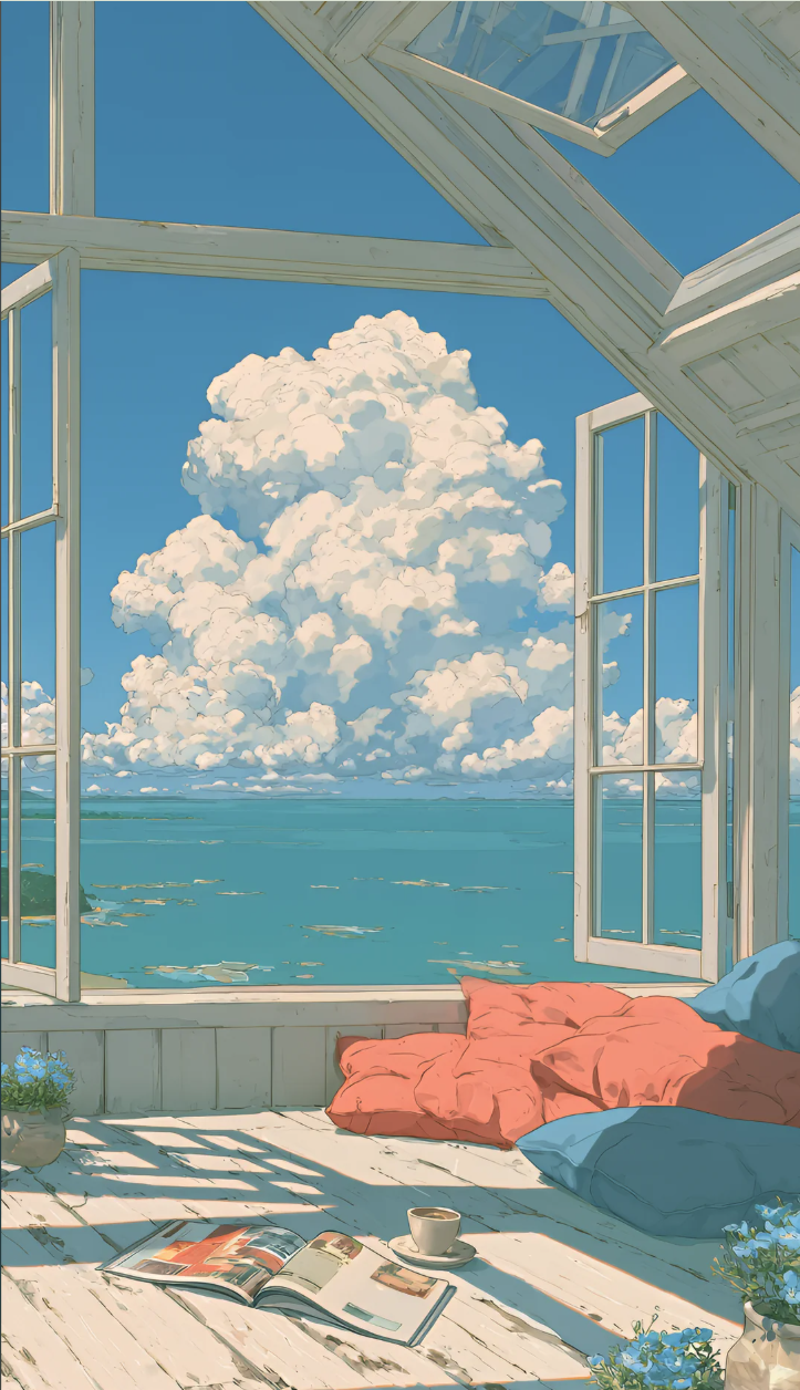 An anime-style illustration of a sunroom with open windows overlooking a turquoise sea and a large cumulus cloud.