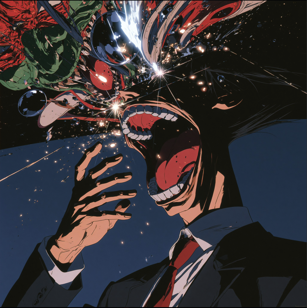 An anime-style illustration of a man in a dark suit and red tie with his mouth wide open amid chaotic bright effects.