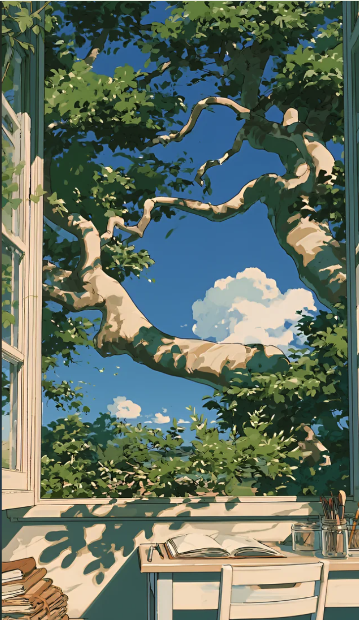 An anime-style illustration of a large tree viewed through an open window above a desk with an open book and art supplies.