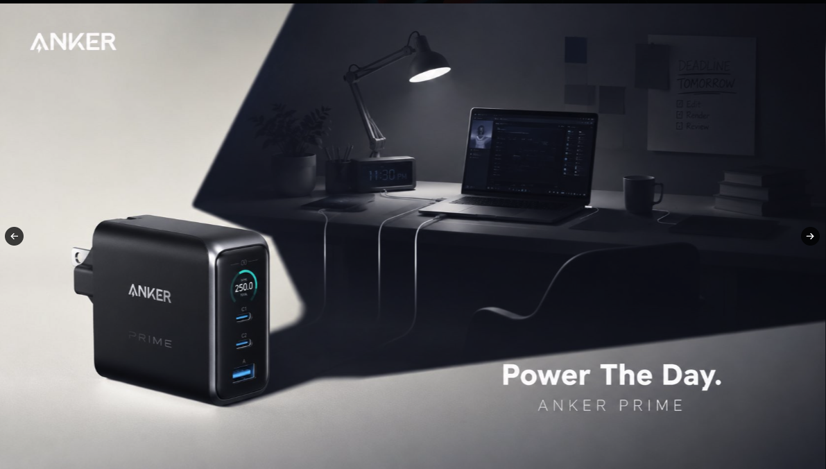 An Anker Prime multi-port charger with a digital display on a dark desk beside a laptop, lamp, clock, and plant.