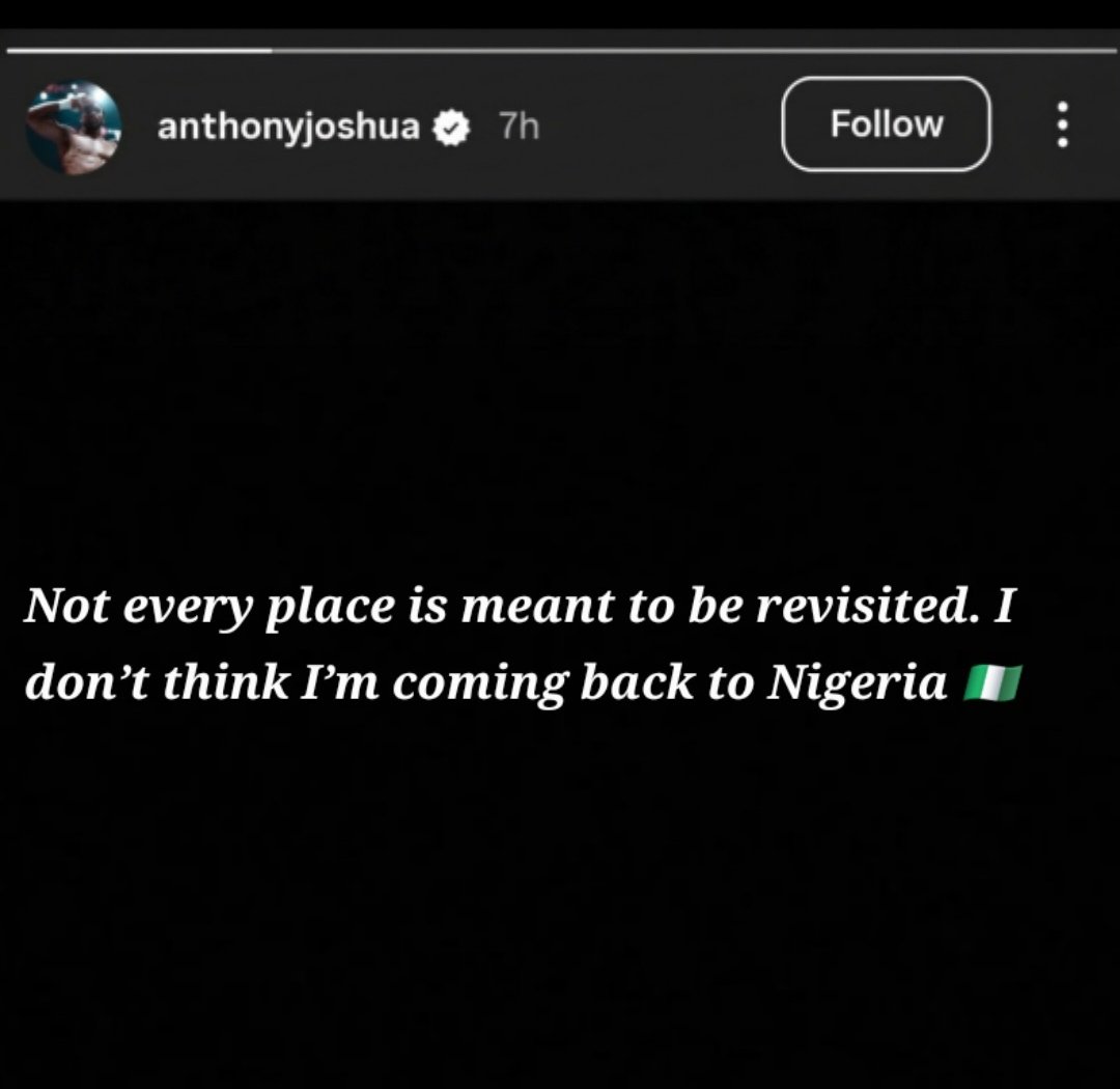 A screenshot styled as an Instagram story from an account attributed to Anthony Joshua, with white italic text on a black background.