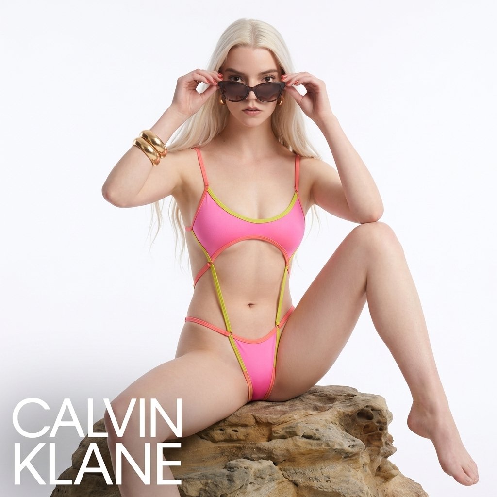 A woman resembling Anya Taylor-Joy in a pink bikini seated on a rock while adjusting sunglasses.