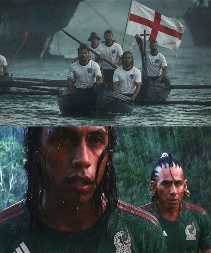 A composite image styled like the film Apocalypto, showing men resembling England football players in a rowboat with a St George's flag, and men resembling Mexico football players in heavy rain.
