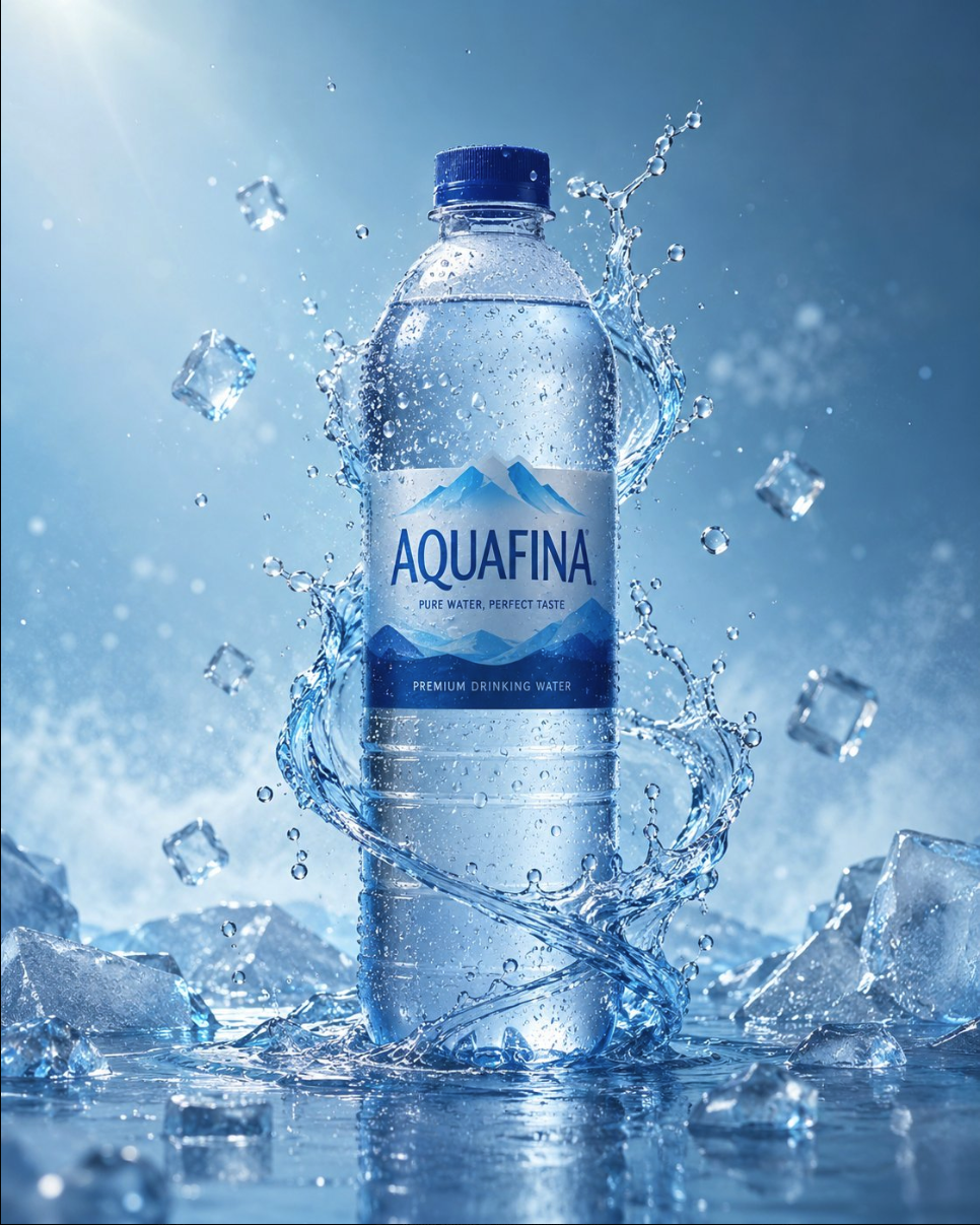 An AI-generated product image of an Aquafina water bottle surrounded by splashing water and ice cubes against a blue background.