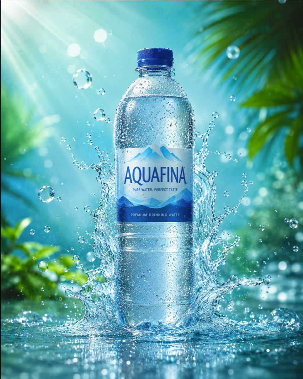 An AI-generated image of an Aquafina premium drinking water bottle amid water splashes and tropical foliage.