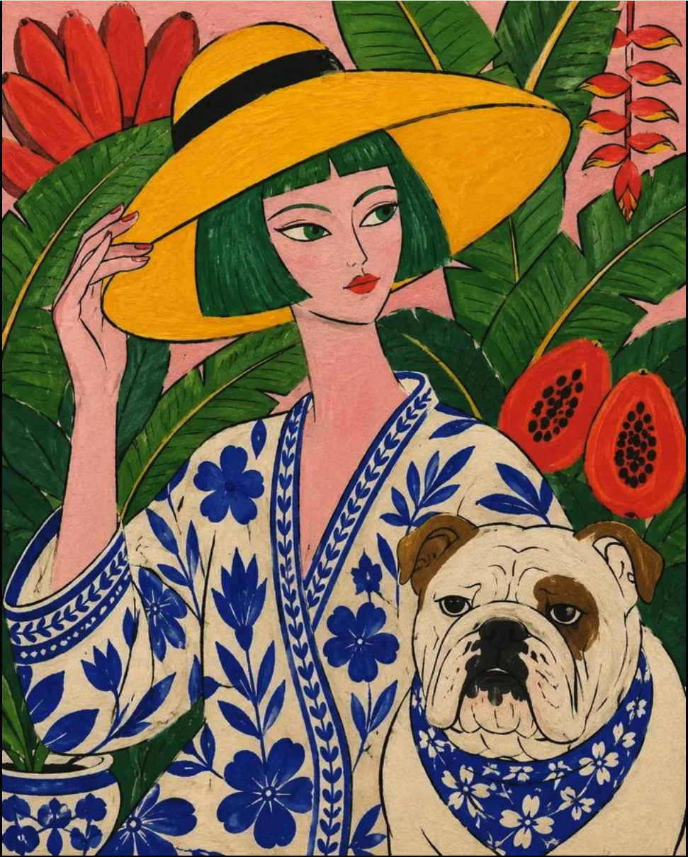 An illustration of a woman with green hair, a yellow wide-brimmed hat, and a blue-and-white floral kimono, beside a bulldog with a matching bandana.