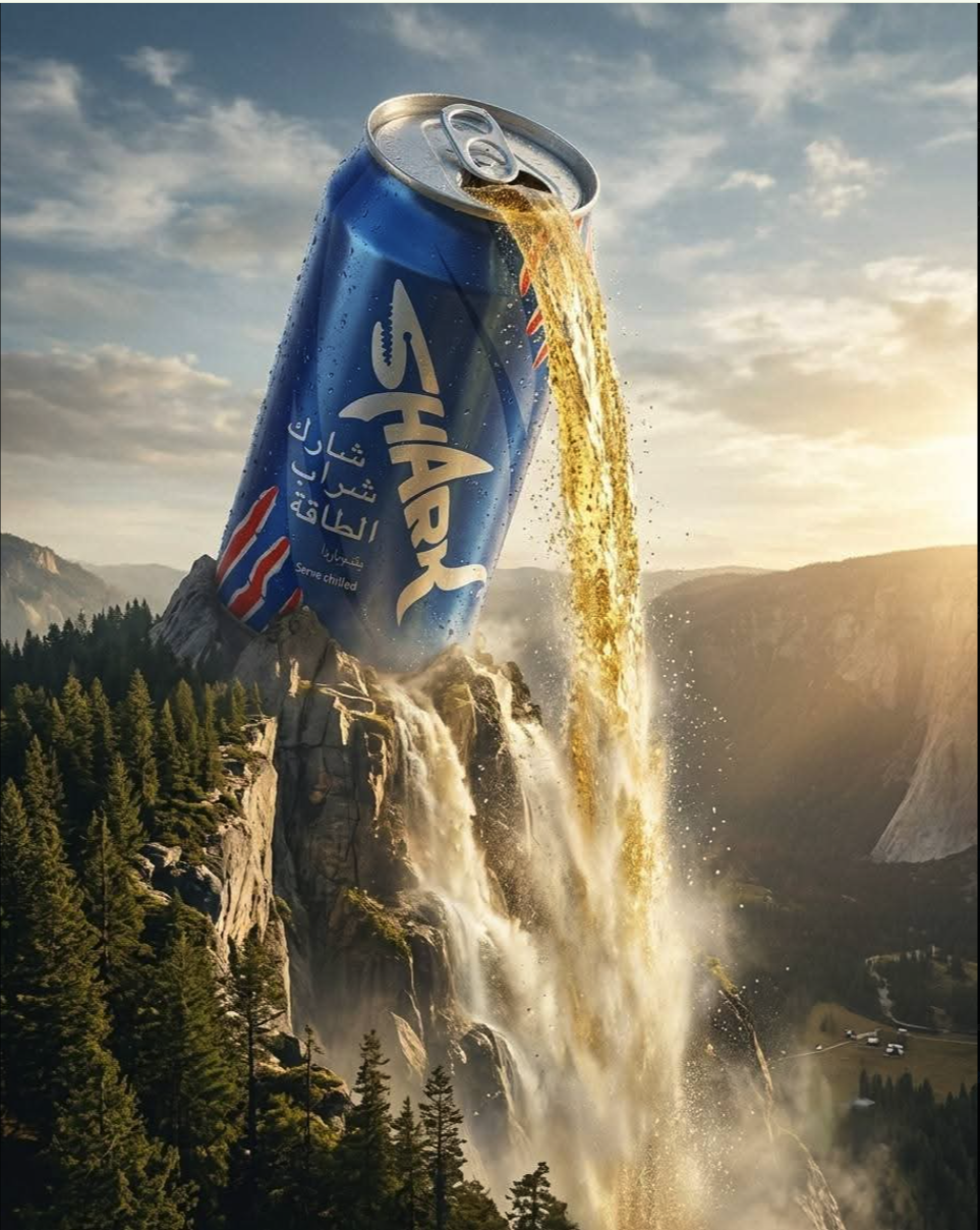A giant blue soda can with Arabic script tilted on a cliff, pouring amber liquid down a forested mountainside.