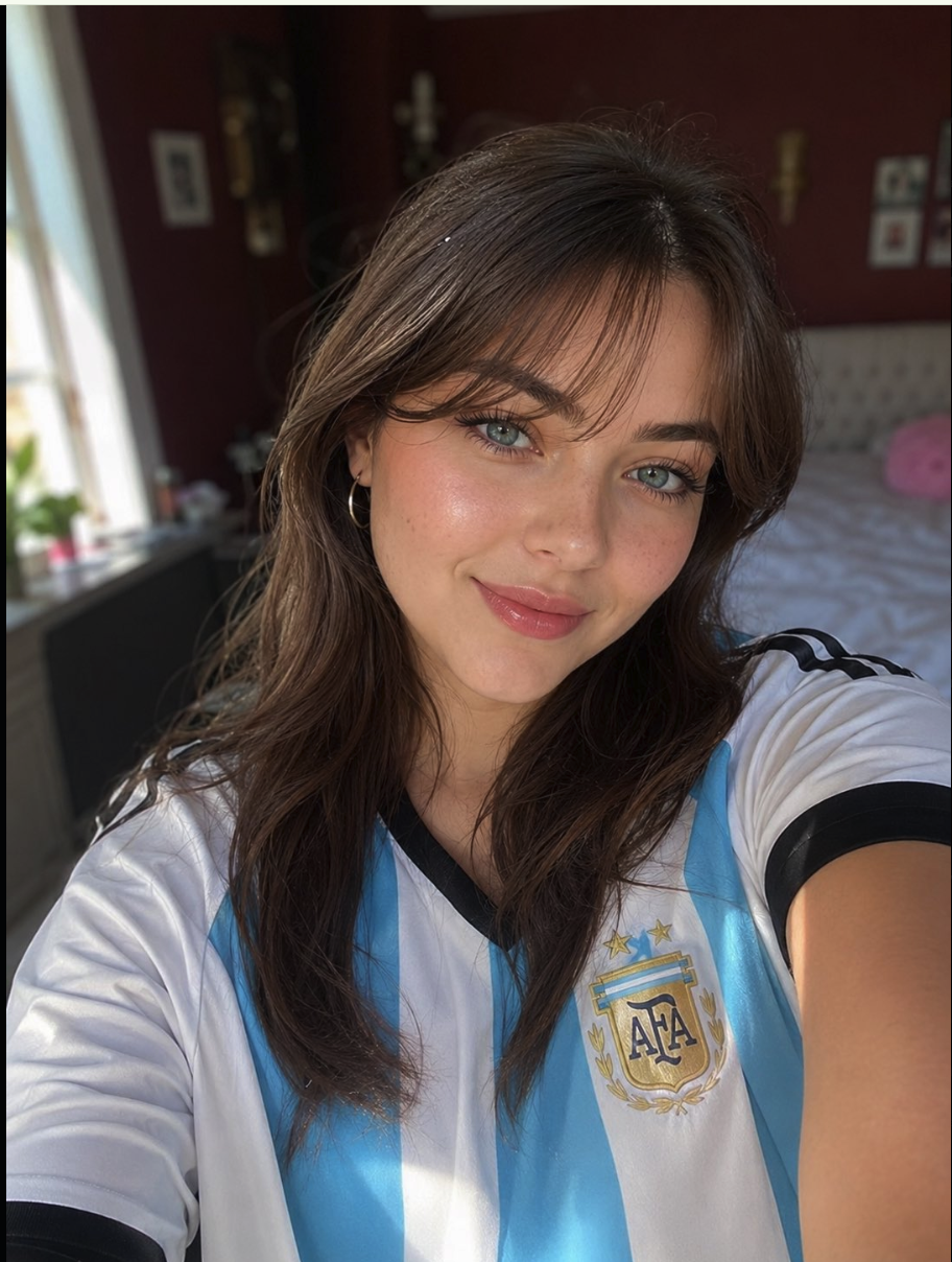 A young woman taking a selfie while wearing an Argentina national football team jersey indoors.