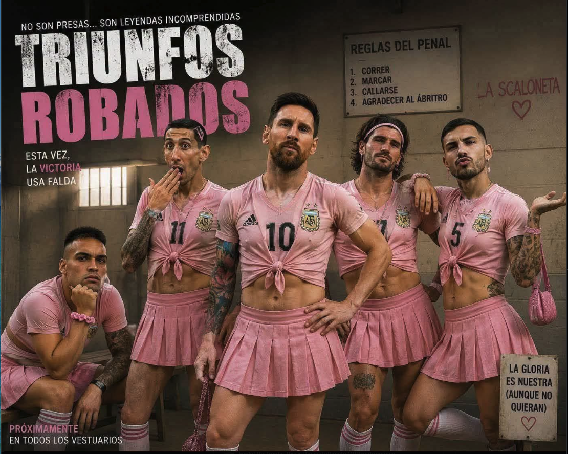 Four soccer players resembling Lionel Messi, Ángel Di María, Lautaro Martínez, and Rodrigo De Paul standing in a locker room wearing pink crop tops and pleated skirts.