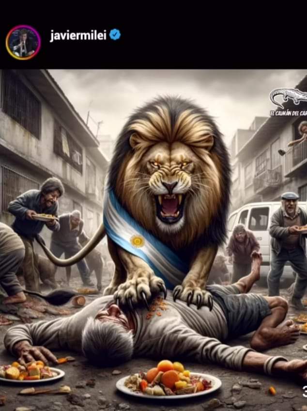 AI-generated image of a lion in an Argentine flag standing over a fallen figure, shared on Javier Milei's X account.