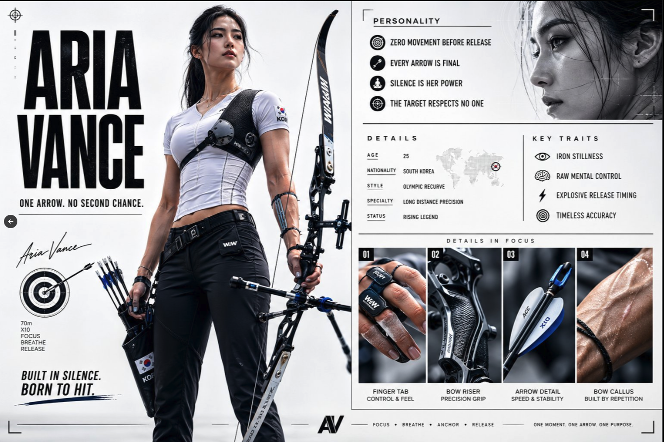 AI-generated character profile sheet titled 'Aria Vance', depicting an archer in athletic gear holding a recurve bow.