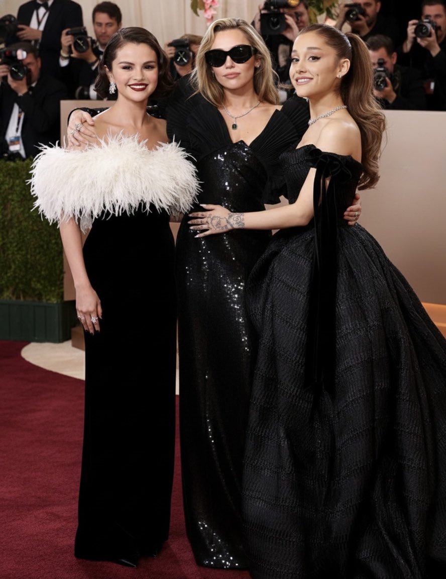 Three women resembling Ariana Grande, Miley Cyrus, and Selena Gomez posing together in black evening gowns on a red carpet.