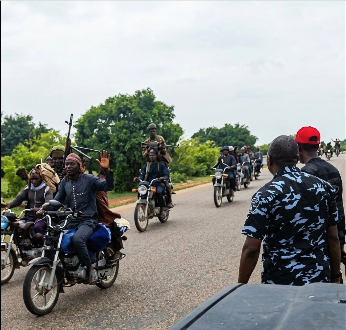 A group of armed men riding motorcycles on a paved road, with security personnel in the foreground.