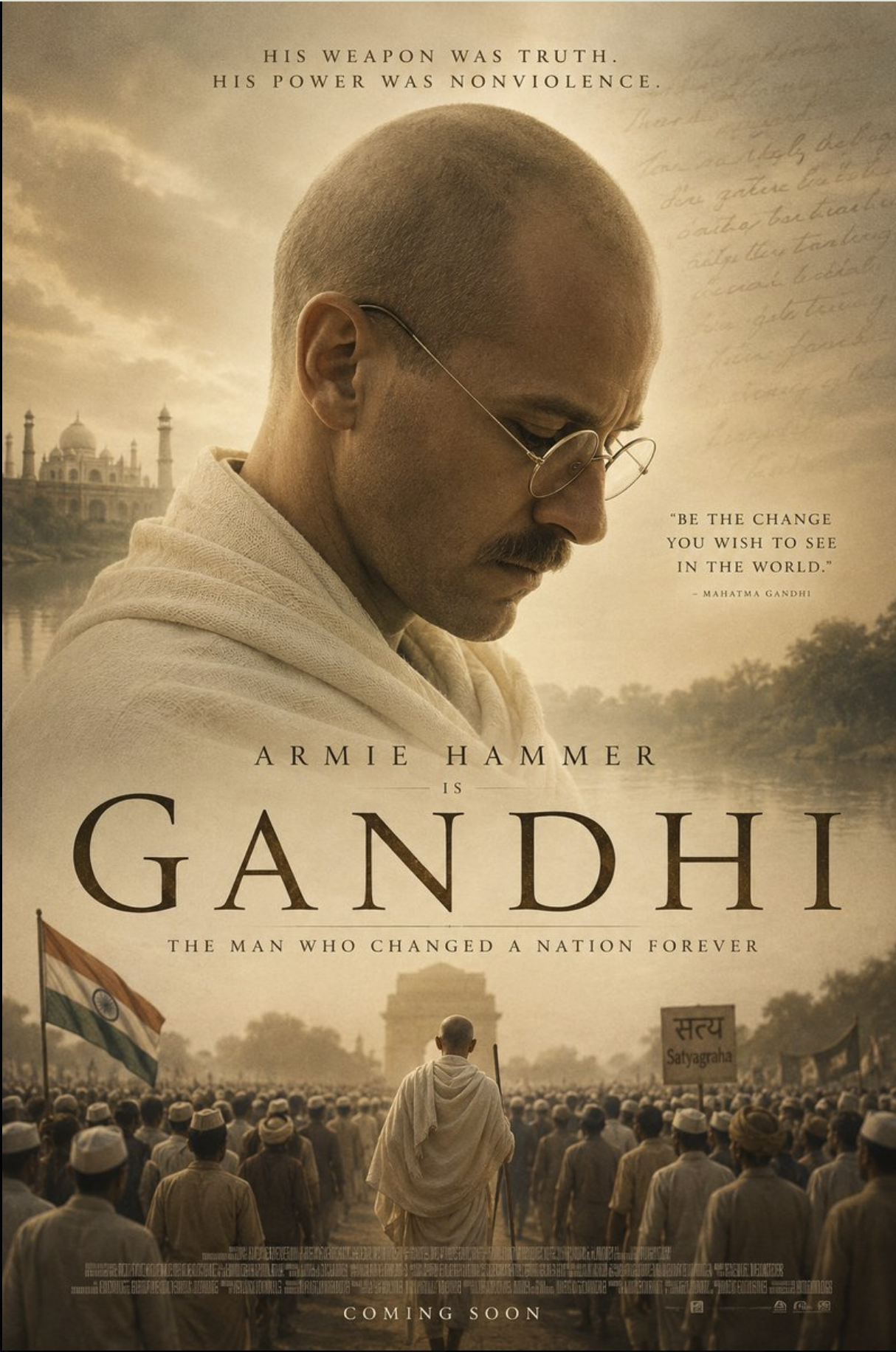 A movie poster showing a man resembling Mahatma Gandhi in profile with round glasses, with the Taj Mahal and a crowd of followers below.