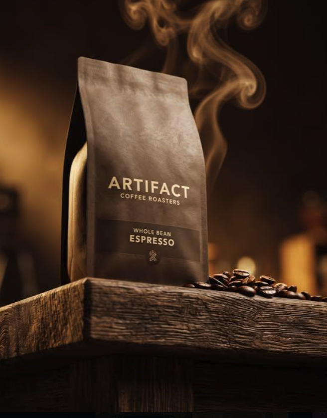 A brown bag of Artifact Coffee Roasters whole bean espresso sitting on a wooden surface with scattered coffee beans and rising steam.
